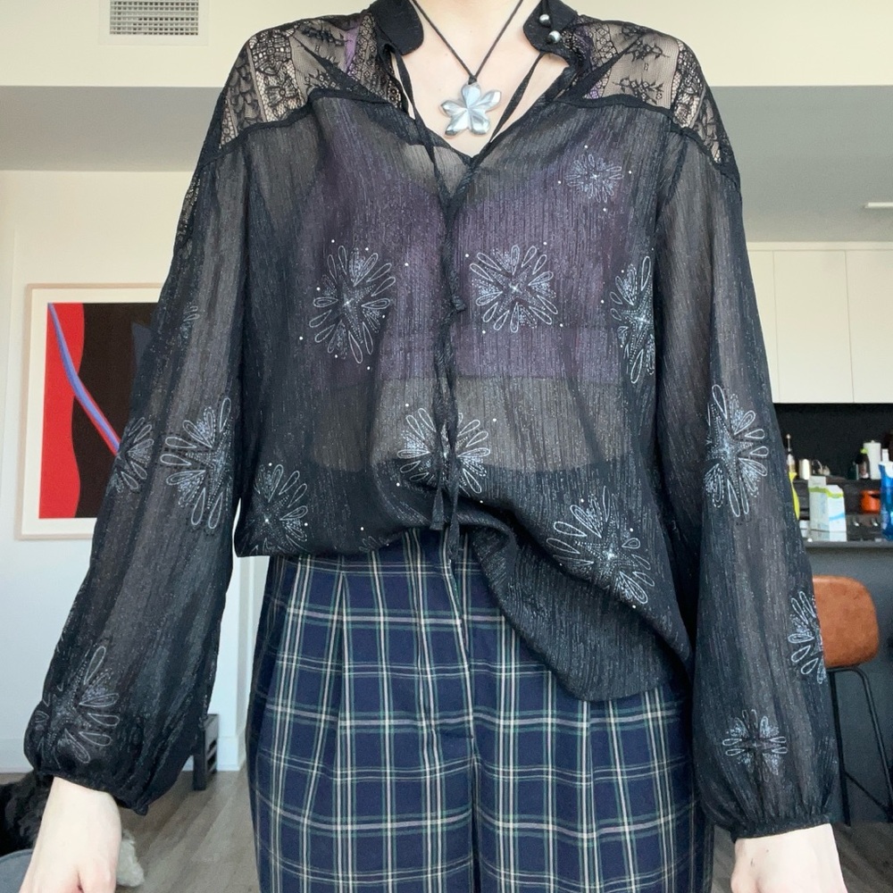 Desigual Sheer Black Floral Embroidered Long-Sleeve Blouse